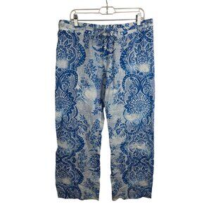 La Blanca Pants Size Large Blue Floral Print Cotton Lounge Beach Tropical Boho